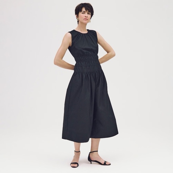 NWT!! J. CREW Hyacinth Dress Smocked Cotton Poplin Black Midi Pockets Small Tall - Picture 5 of 16
